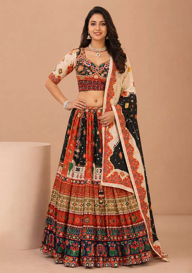 Multicolor Printed Silk Blend Chaniya Choli Set For Navratri And Garba for Diwali and Festive Wear - Indya