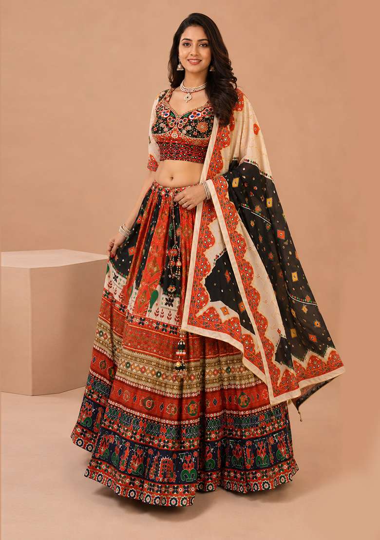 Multicolor Printed Silk Blend Chaniya Choli Set For Navratri And Garba for Diwali and Festive Wear - Indya