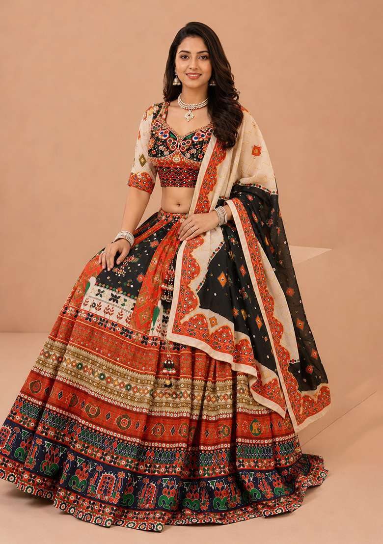 Multicolor Printed Silk Blend Chaniya Choli Set For Navratri And Garba for Diwali and Festive Wear - Indya
