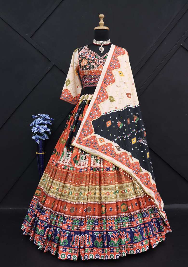 Multicolor Printed Silk Blend Chaniya Choli Set For Navratri And Garba for Diwali and Festive Wear - Indya