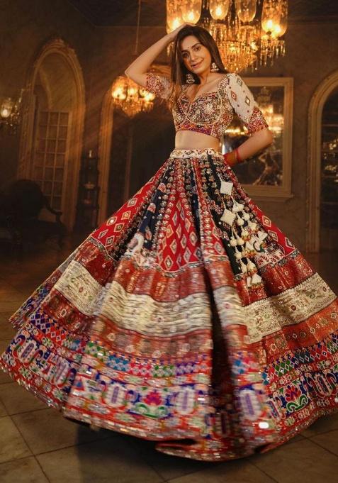 Multicolor Printed Silk Lehenga Set