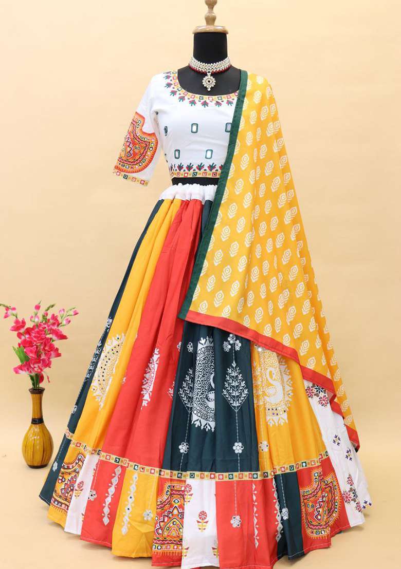 Multicolor Printed Silk Blend Chaniya Choli Set For Navratri And Garba for Diwali and Festive Wear - Indya