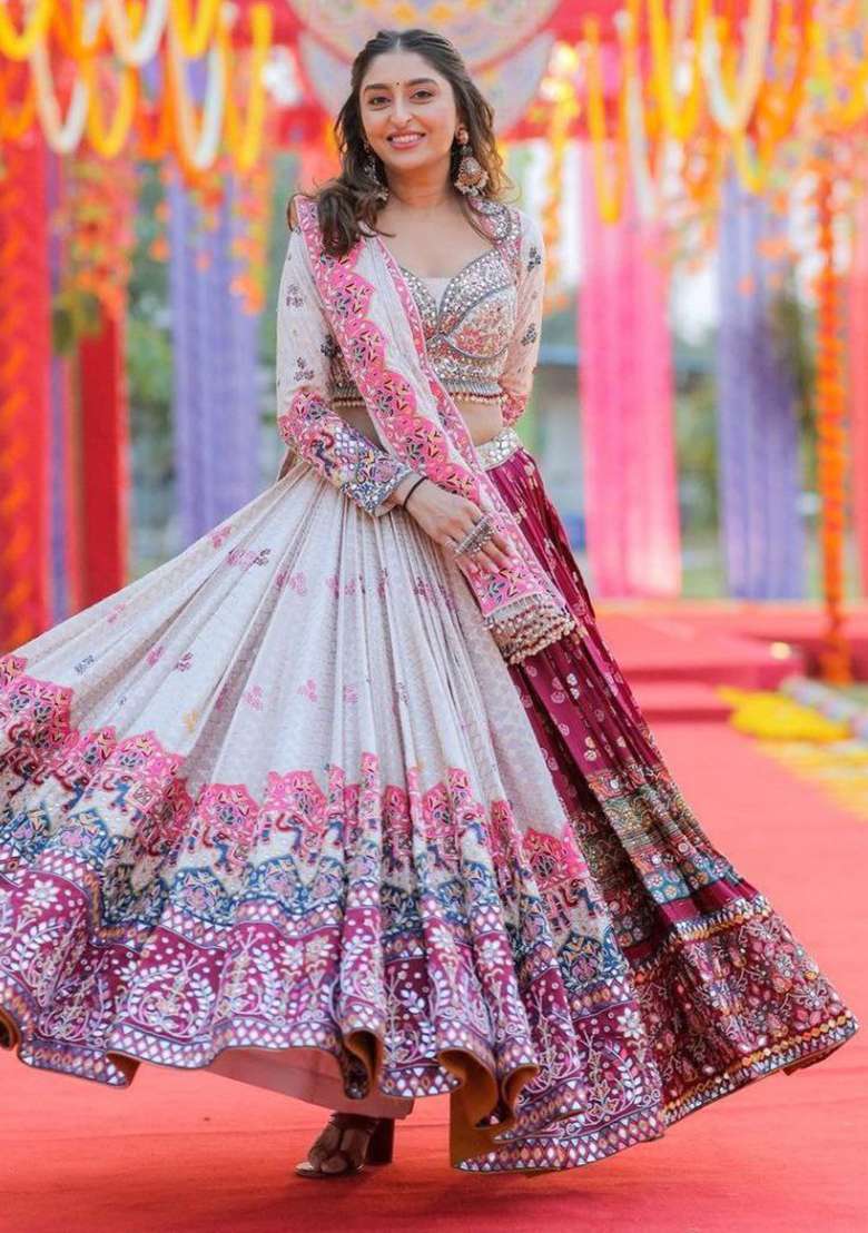 Multicolor Printed Silk Blend Chaniya Choli Set For Navratri And Garba for Diwali and Festive Wear - Indya
