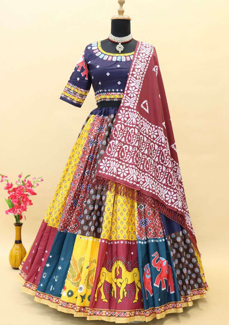 Multicolor Printed Silk Blend Chaniya Choli Set For Navratri And Garba - Indya