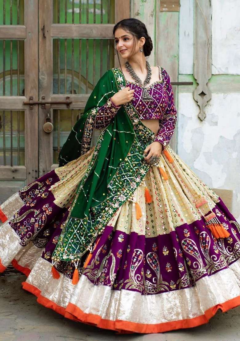 Multicolor Printed Silk Blend Chaniya Choli Set For Navratri And Garba for Diwali and Festive Wear - Indya