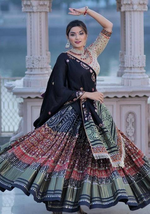 Multicolor Printed Silk Lehenga Set