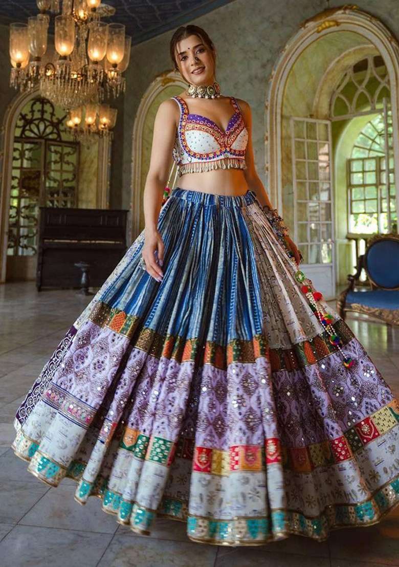 Multicolor Printed Silk Blend Chaniya Choli Set For Navratri And Garba for Diwali | Wedding & Festive Wear - Indya