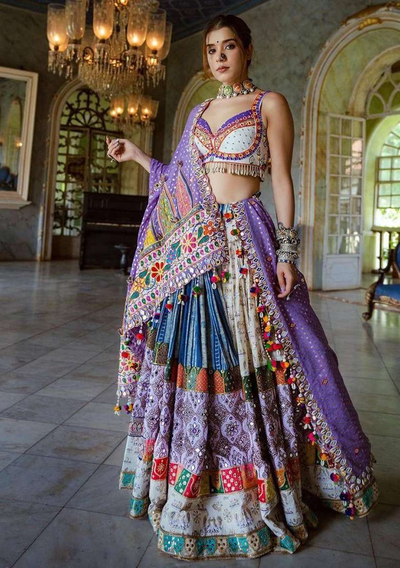 Multicolor Printed Silk Blend Chaniya Choli Set For Navratri And Garba for Diwali | Wedding & Festive Wear - Indya