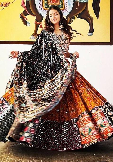 Multicolor Printed Silk Lehenga Set