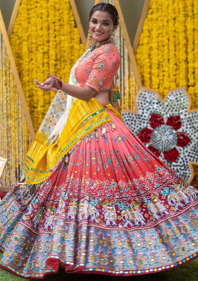 Multicolor Printed Silk Blend Chaniya Choli Set For Navratri And Garba for Diwali and Festive Wear - Indya