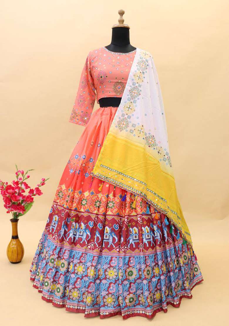 Multicolor Printed Silk Blend Chaniya Choli Set For Navratri And Garba for Diwali and Festive Wear - Indya