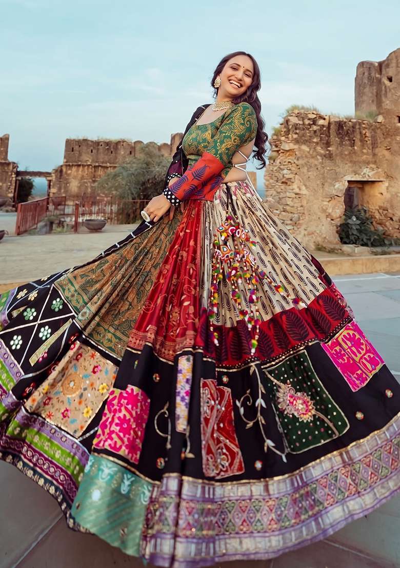 Multicolor Printed Silk Blend Chaniya Choli Set For Navratri And Garba for Diwali and Festive Wear - Indya