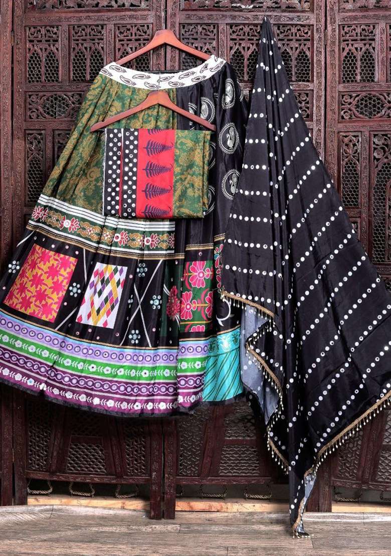 Multicolor Printed Silk Blend Chaniya Choli Set For Navratri And Garba for Diwali and Festive Wear - Indya