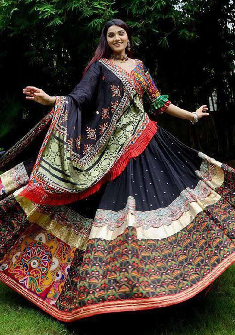 Multicolor Printed Silk Blend Chaniya Choli Set For Navratri And Garba for Diwali and Festive Wear - Indya