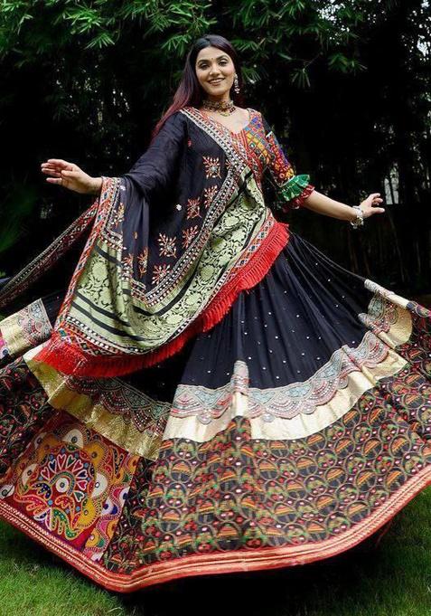 Multicolor Printed Silk Lehenga Set