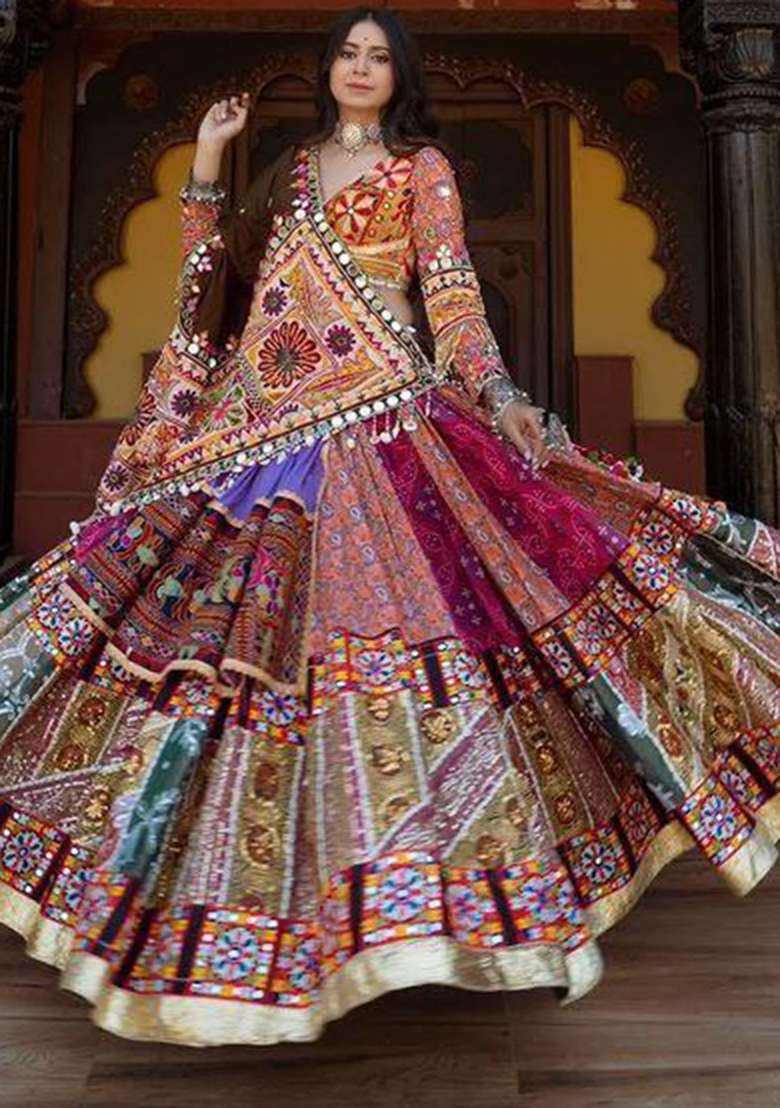 Multicolor Printed Silk Blend Chaniya Choli Set For Navratri And Garba for Diwali and Festive Wear - Indya
