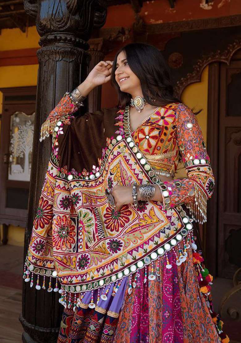 Multicolor Printed Silk Blend Chaniya Choli Set For Navratri And Garba for Diwali and Festive Wear - Indya