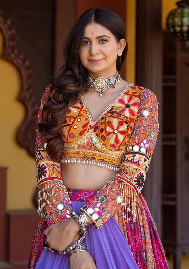 Multicolor Printed Silk Blend Chaniya Choli Set For Navratri And Garba for Diwali and Festive Wear - Indya