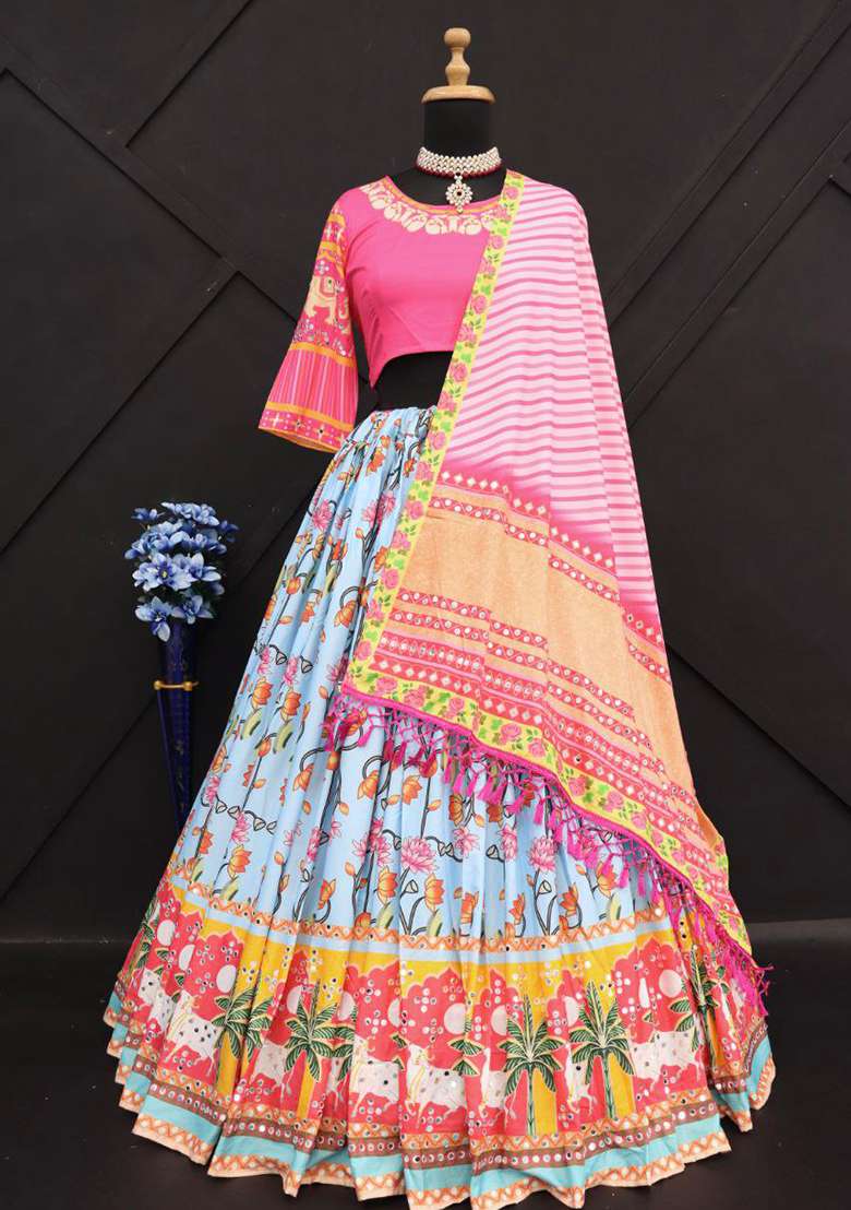 Multicolor Printed Silk Blend Chaniya Choli Set For Navratri And Garba for Diwali and Festive Wear - Indya