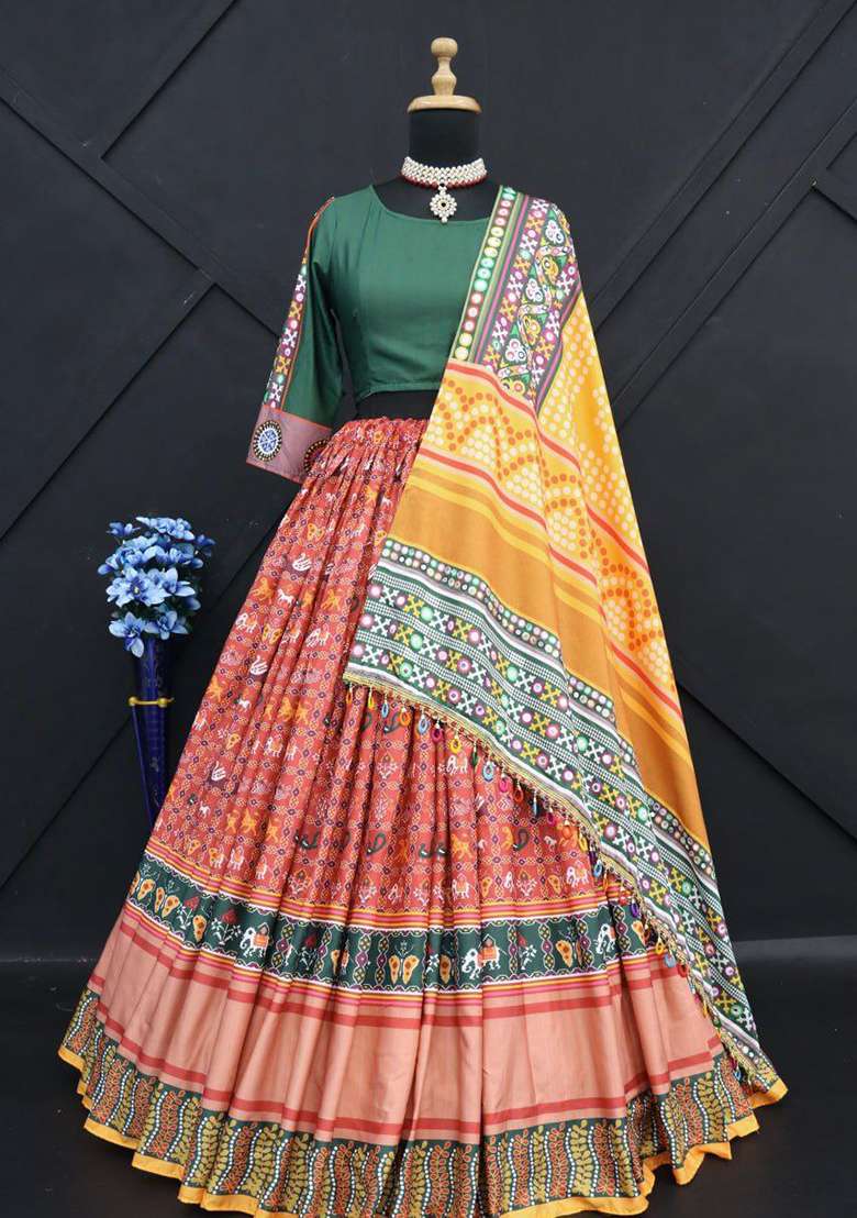 Multicolor Printed Silk Blend Chaniya Choli Set For Navratri And Garba for Diwali and Festive Wear - Indya