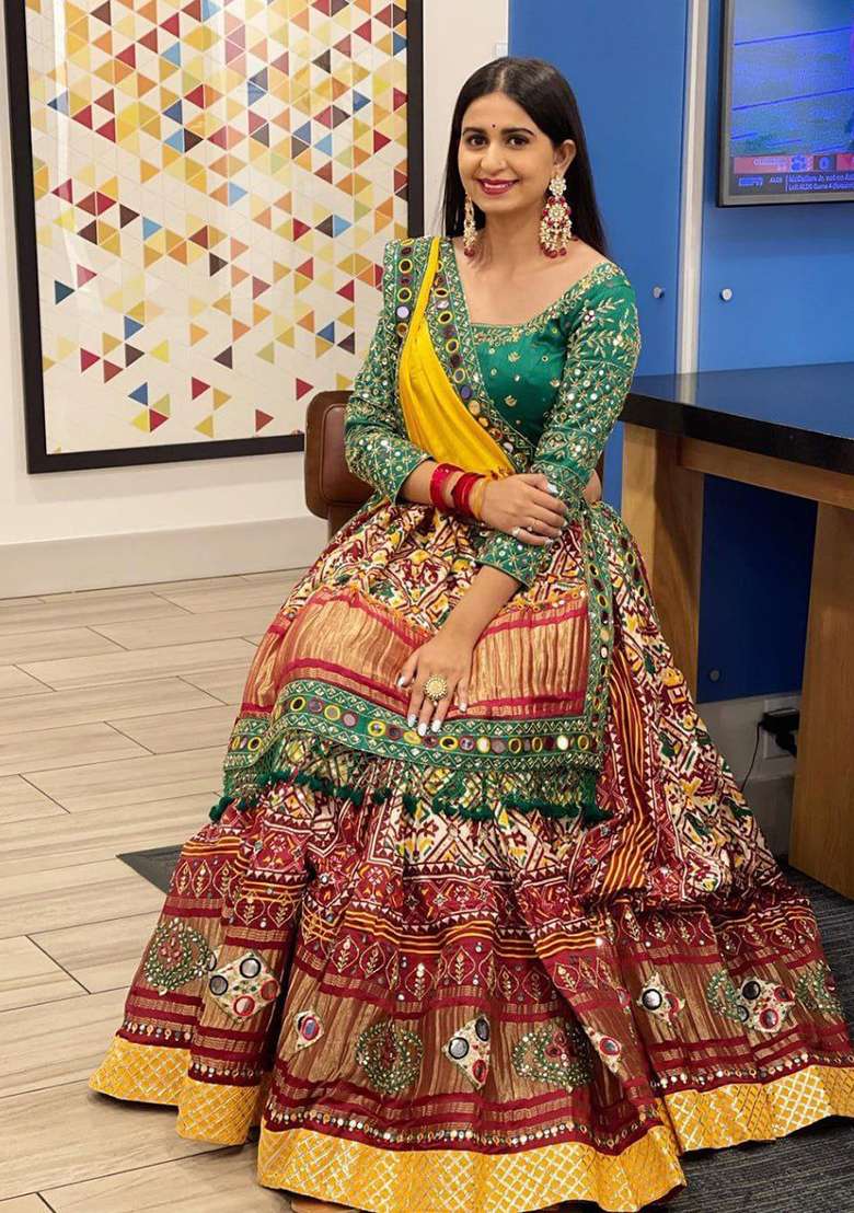 Multicolor Printed Silk Blend Chaniya Choli Set For Navratri And Garba for Diwali | Wedding & Festive Wear - Indya