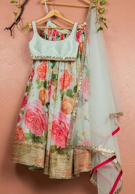 Pista Green Printed Georgette Lehenga Set