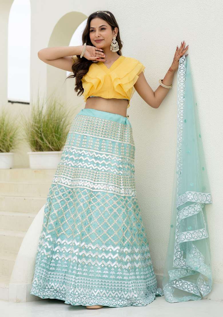 Sky Blue Organza Lehenga Set with Embroidery for Diwali | Wedding & Festive Wear - Indya