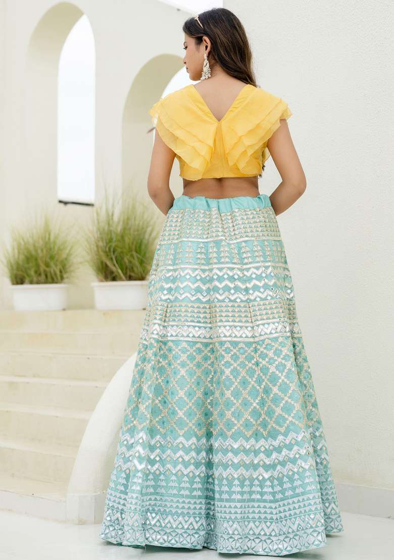Sky Blue Organza Lehenga Set with Embroidery for Diwali | Wedding & Festive Wear - Indya