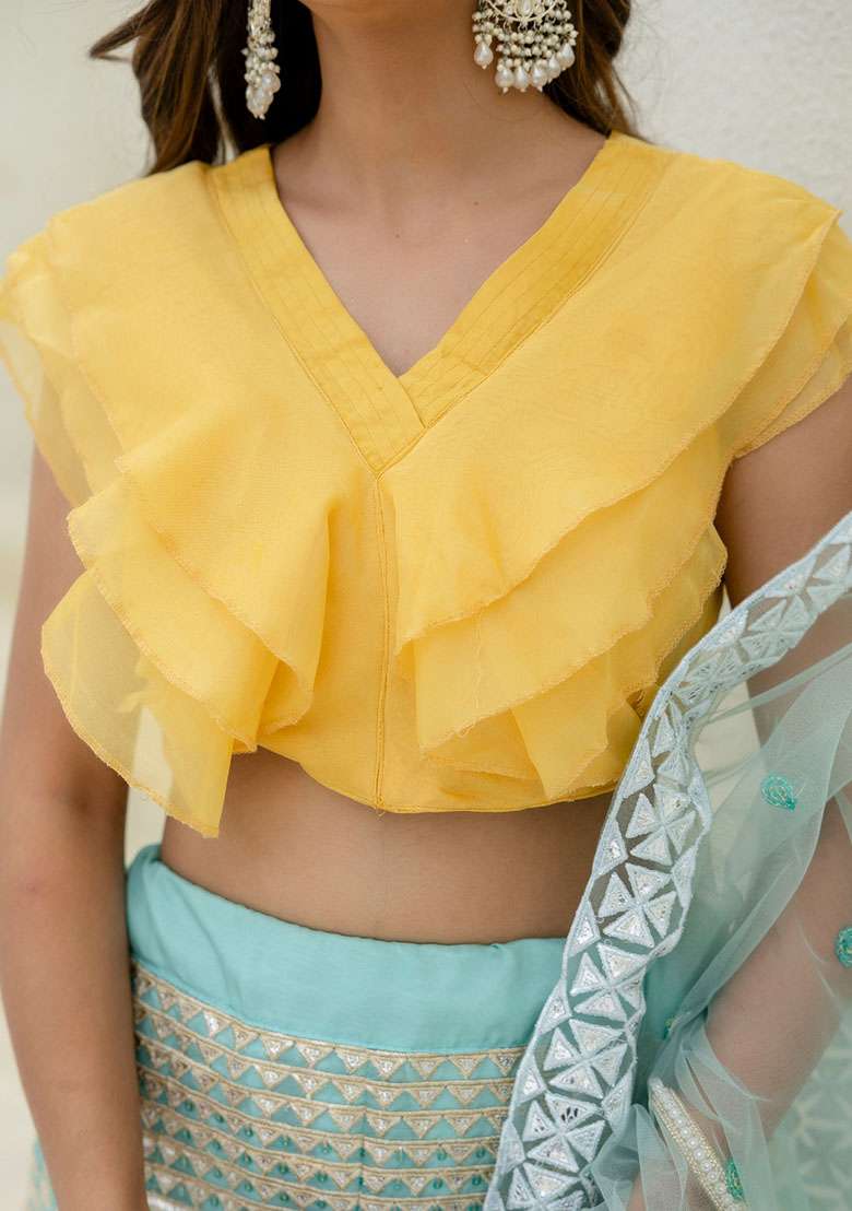 Sky Blue Organza Lehenga Set with Embroidery for Diwali | Wedding & Festive Wear - Indya