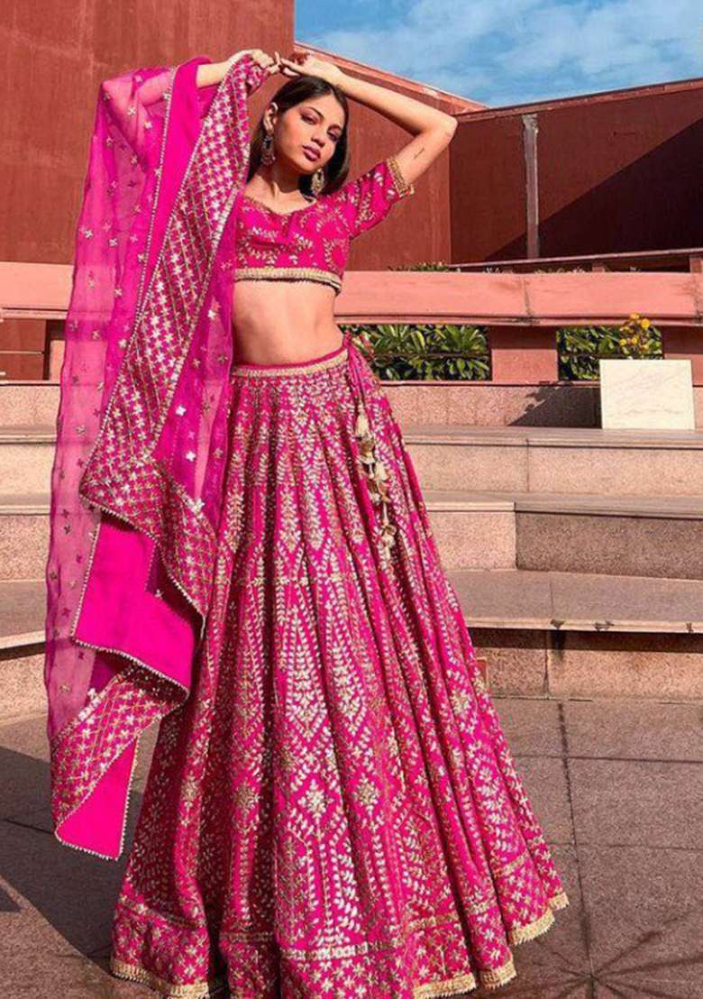 Pink Embroidery Silk Blend Lehenga Set - Indya