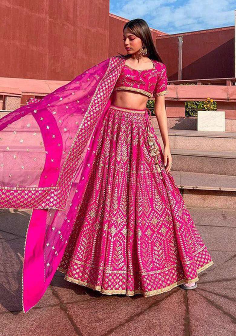 Pink Embroidery Silk Blend Lehenga Set - Indya