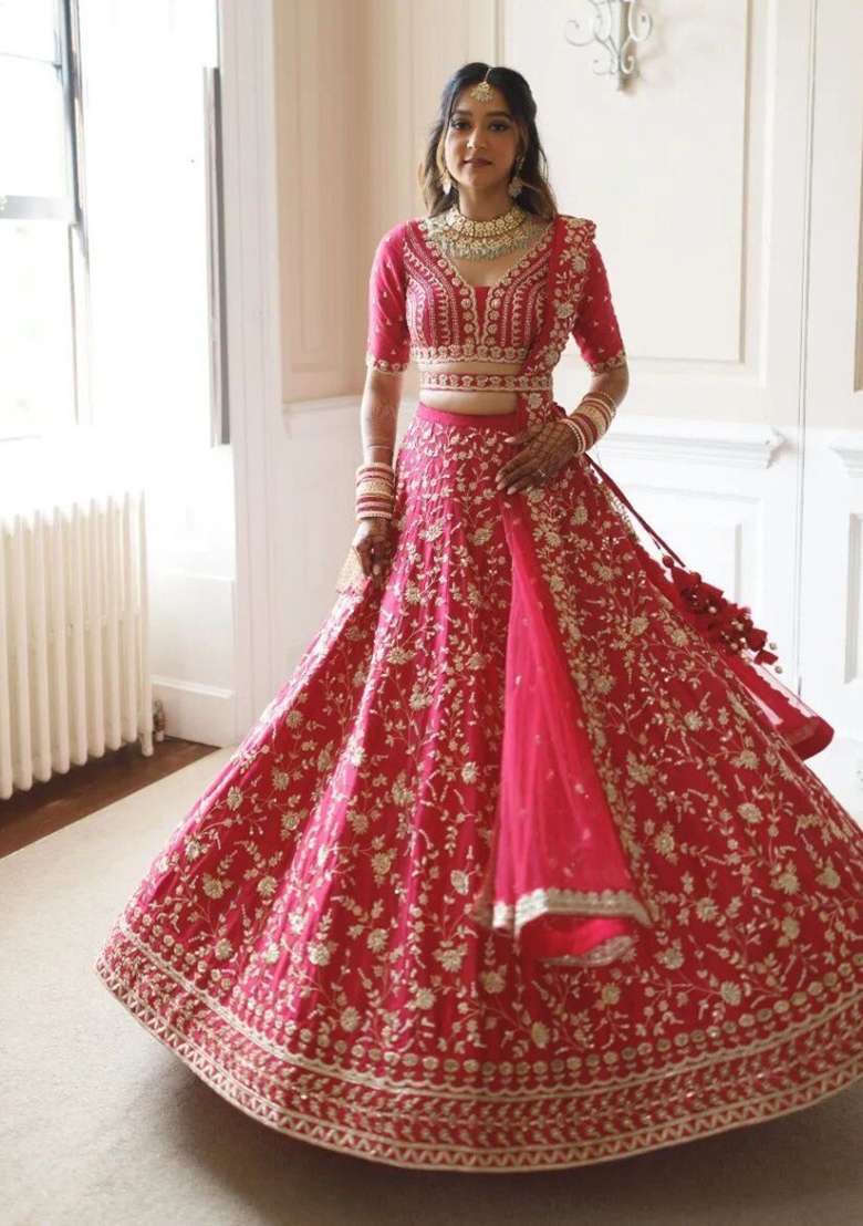 Pink Silk Blend Lehenga Set with Embroidery for Diwali | Wedding & Festive Wear - Indya