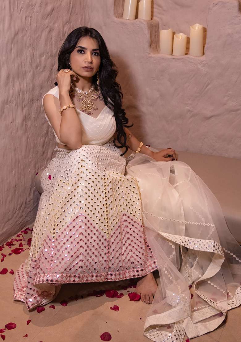 Off White Embroidery Georgette Lehenga Set for Diwali and Festive Wear - Indya