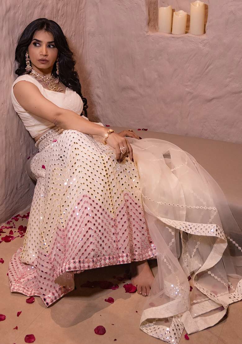 Off White Embroidery Georgette Lehenga Set for Diwali and Festive Wear - Indya