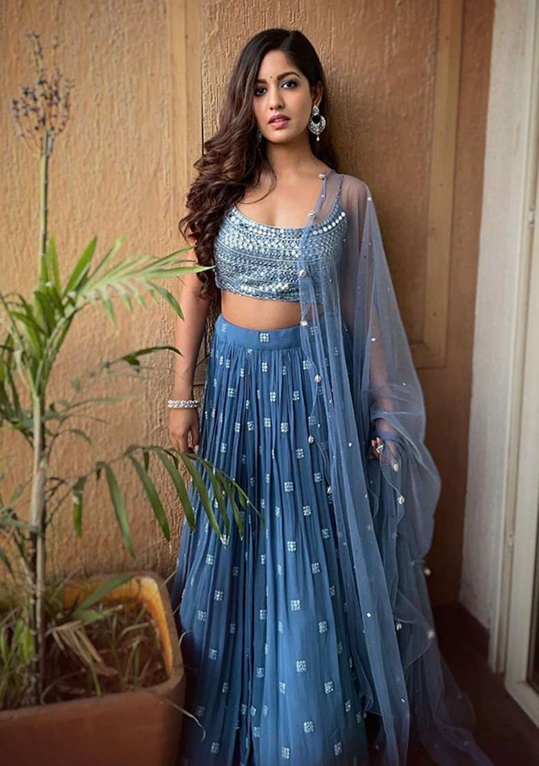 Blue Embroidery Georgette Lehenga Set for Diwali and Festive Wear - Indya