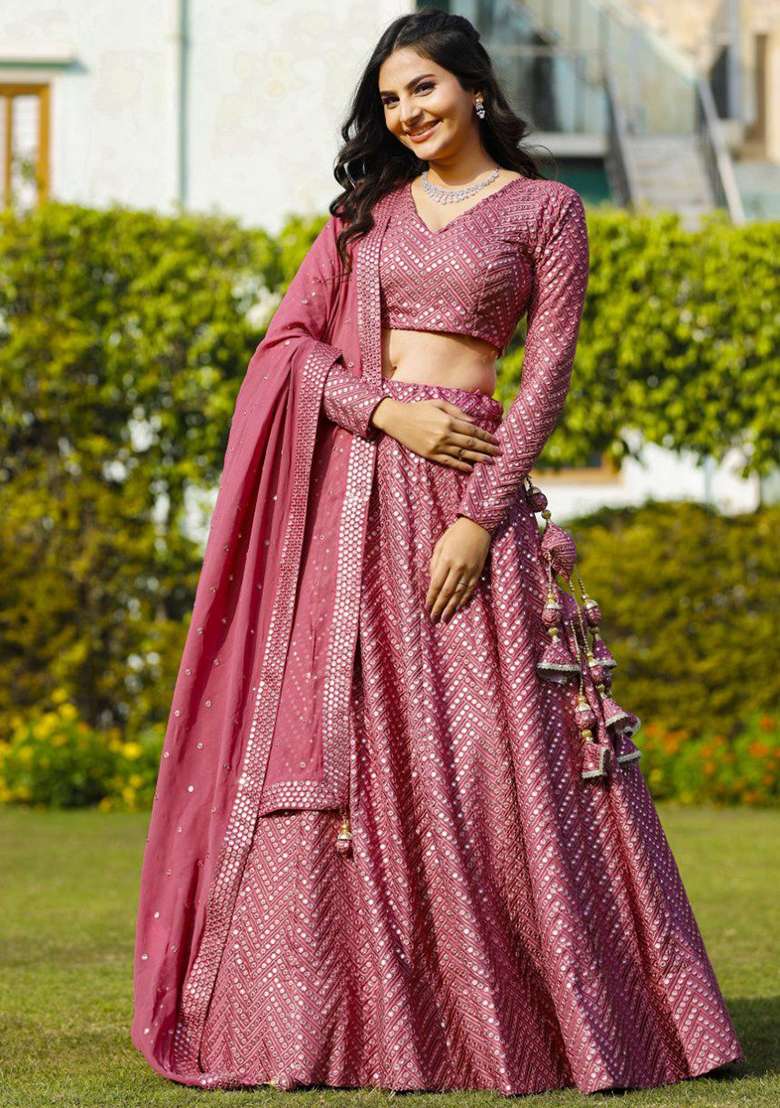 Pink Embroidery Georgette Lehenga Set for Diwali and Festive Wear - Indya