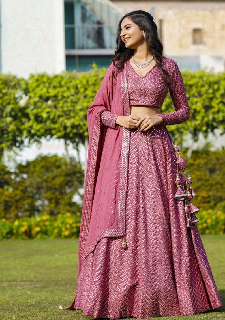 Pink Embroidery Georgette Lehenga Set for Diwali and Festive Wear - Indya