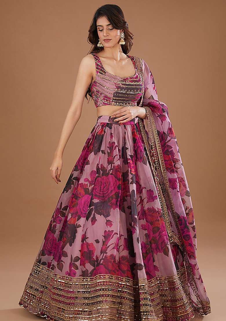 Pink Embroidery Organza Lehenga Set for Diwali and Festive Wear - Indya
