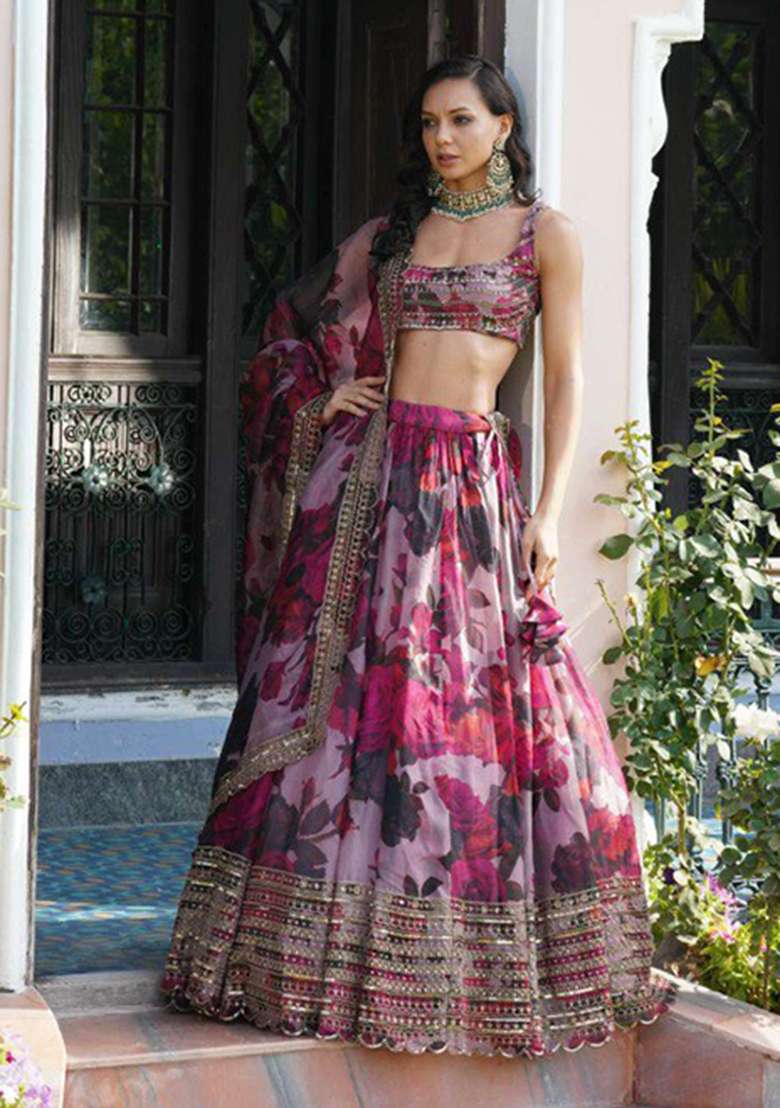 Pink Embroidery Organza Lehenga Set for Diwali and Festive Wear - Indya