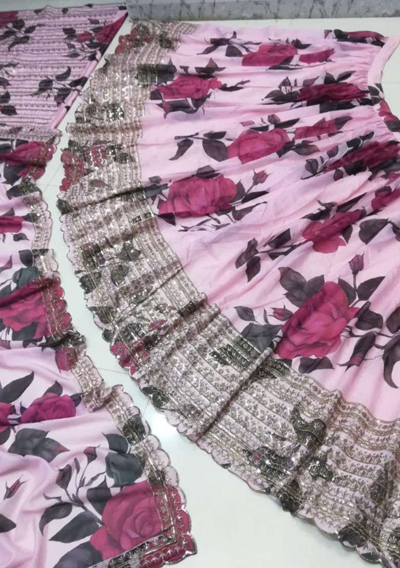 Pink Embroidery Organza Lehenga Set for Diwali and Festive Wear - Indya