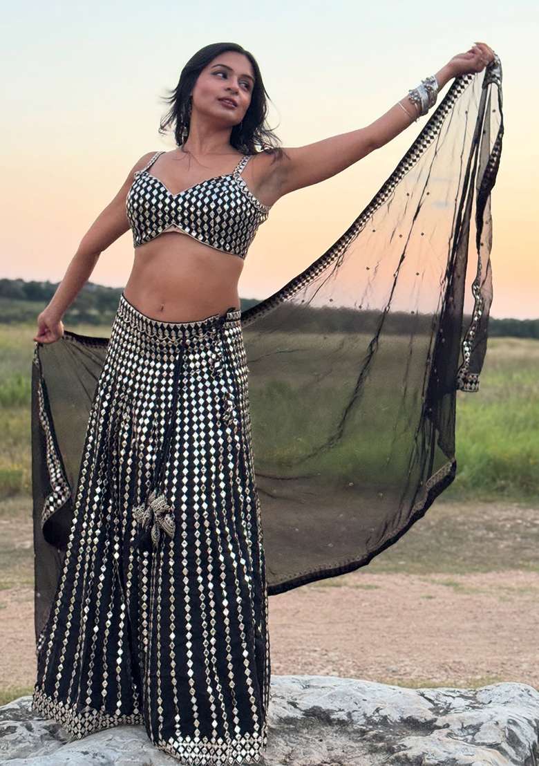 Black Silk Blend Lehenga Set with Embroidery for Diwali | Wedding & Festive Wear - Indya