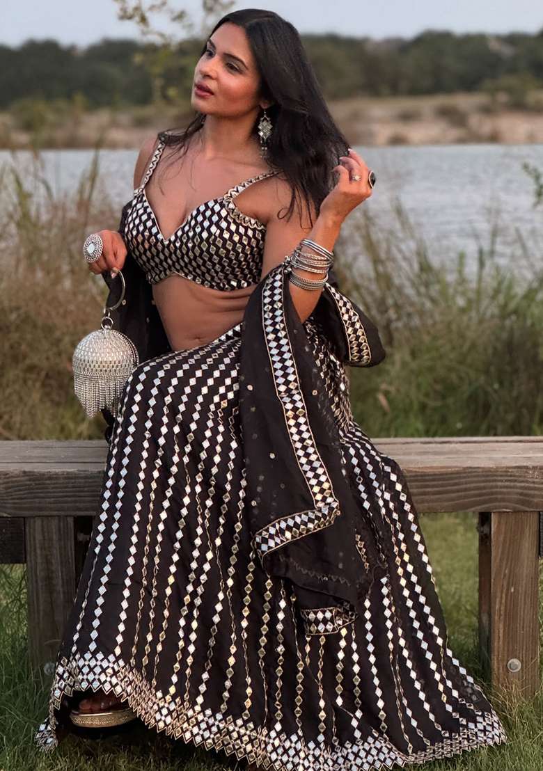 Black Silk Blend Lehenga Set with Embroidery for Diwali | Wedding & Festive Wear - Indya