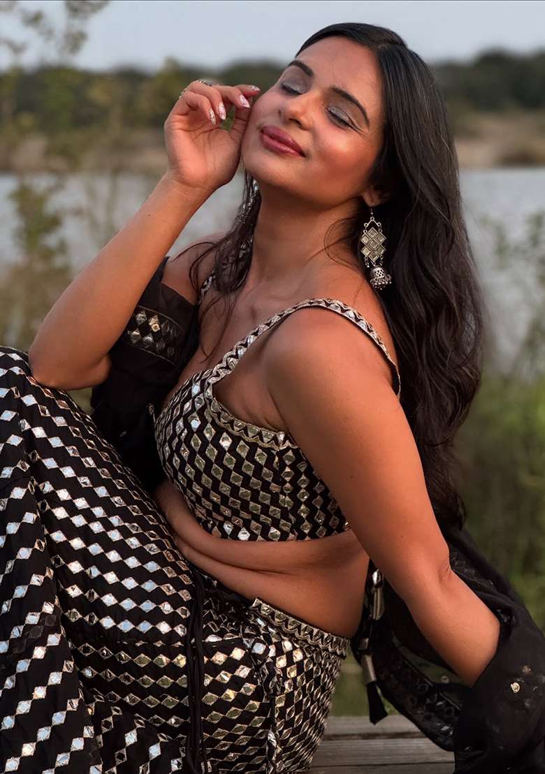 Black Silk Blend Lehenga Set with Embroidery for Diwali | Wedding & Festive Wear - Indya