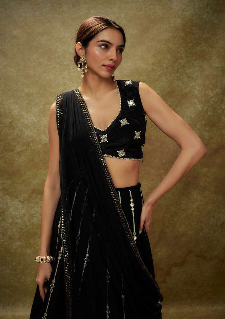Black Embroidery Georgette Lehenga Set for Diwali and Festive Wear - Indya