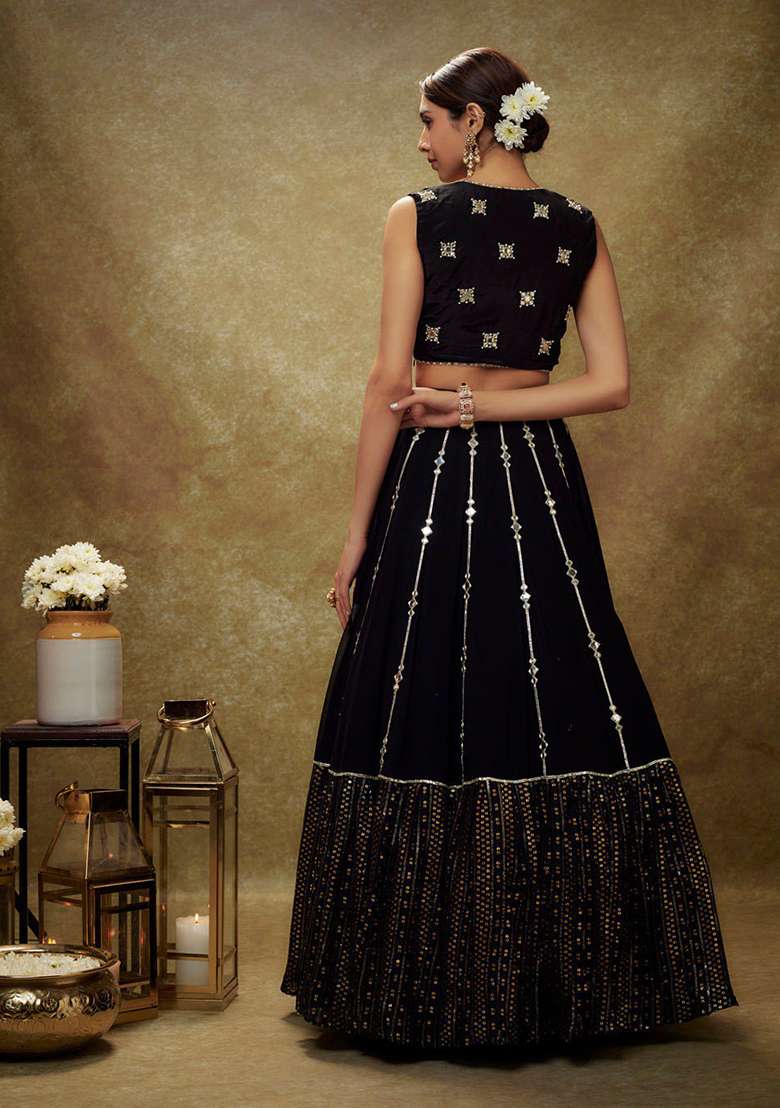 Black Embroidery Georgette Lehenga Set for Diwali and Festive Wear - Indya