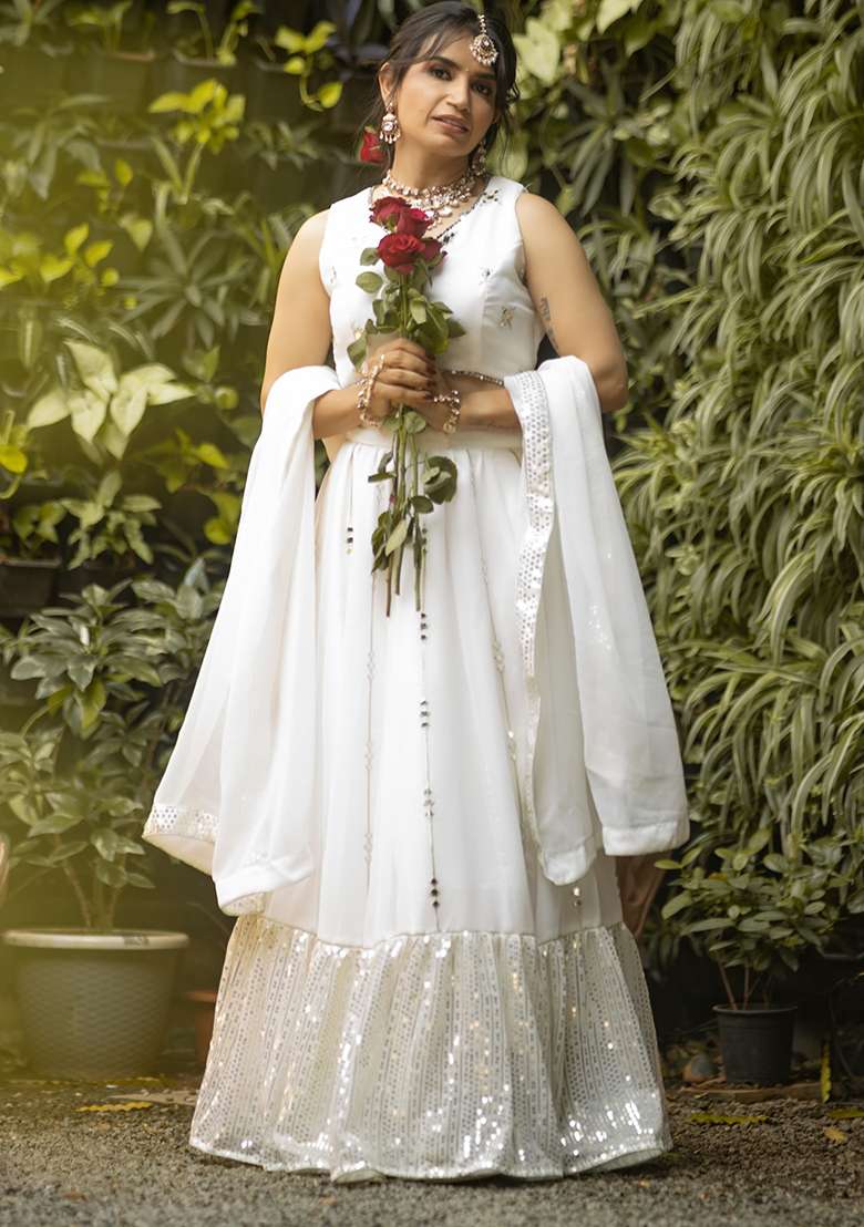 White Embroidery Georgette Lehenga Set for Diwali and Festive Wear - Indya