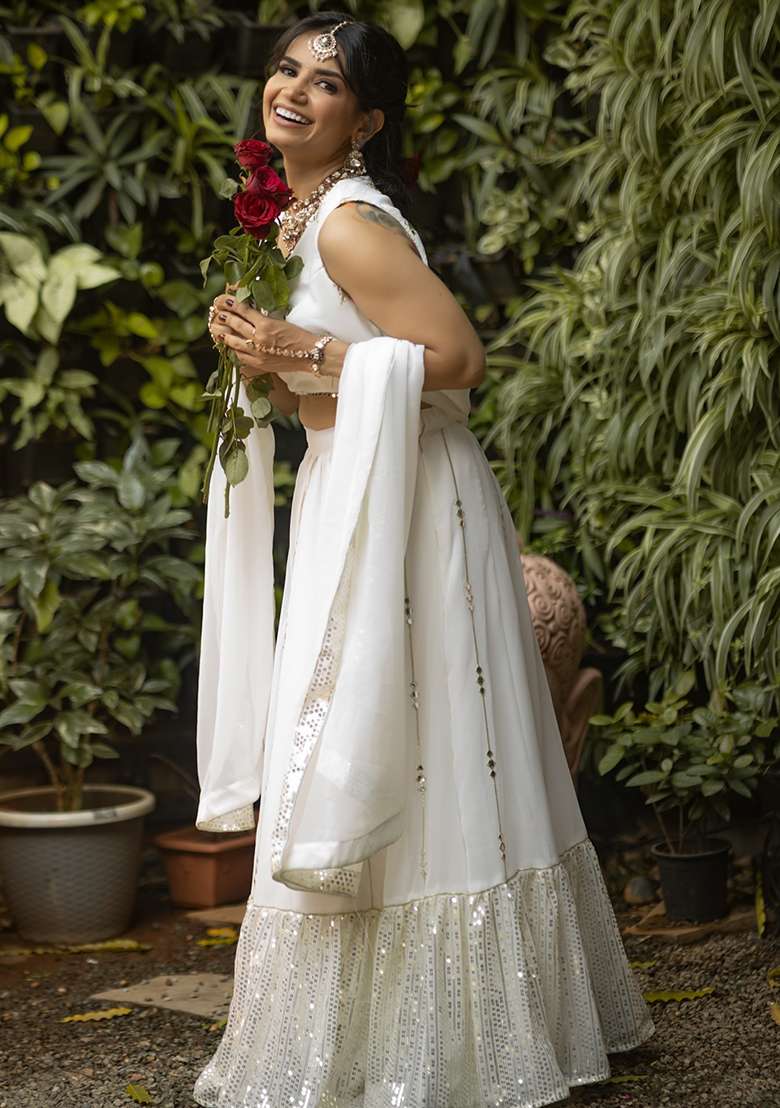 White Embroidery Georgette Lehenga Set for Diwali and Festive Wear - Indya