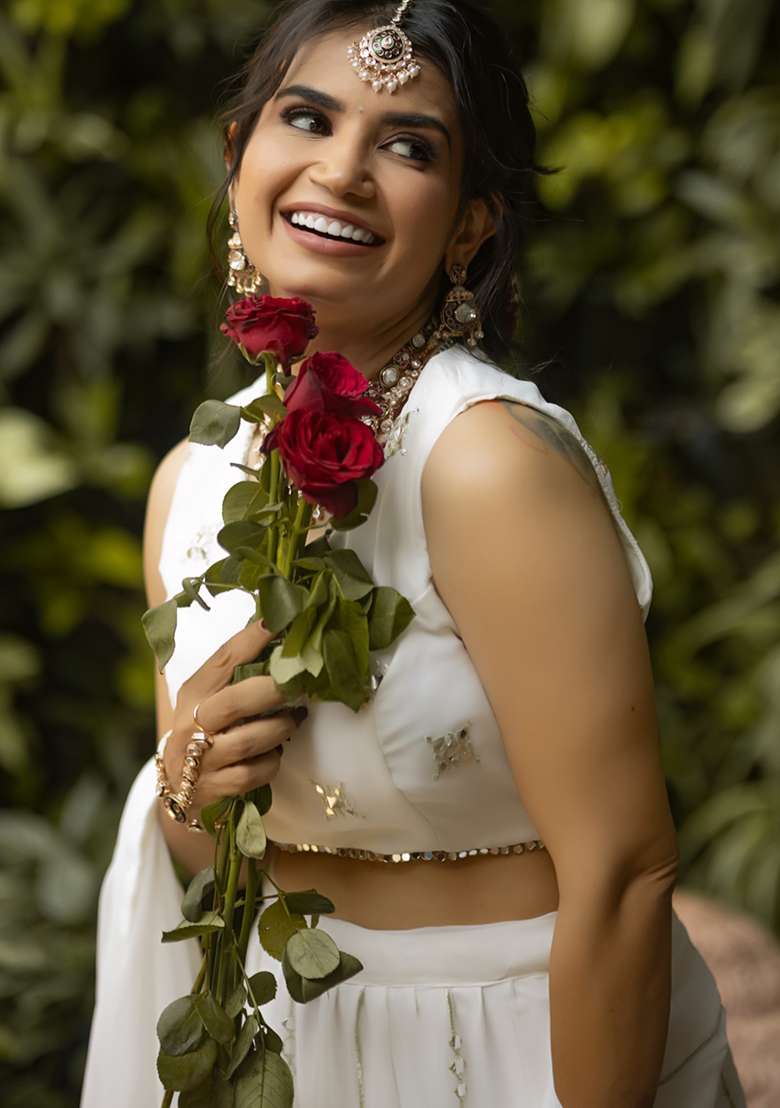 White Embroidery Georgette Lehenga Set for Diwali and Festive Wear - Indya