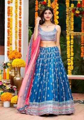 Blue Embroidery Chinon Lehenga Set