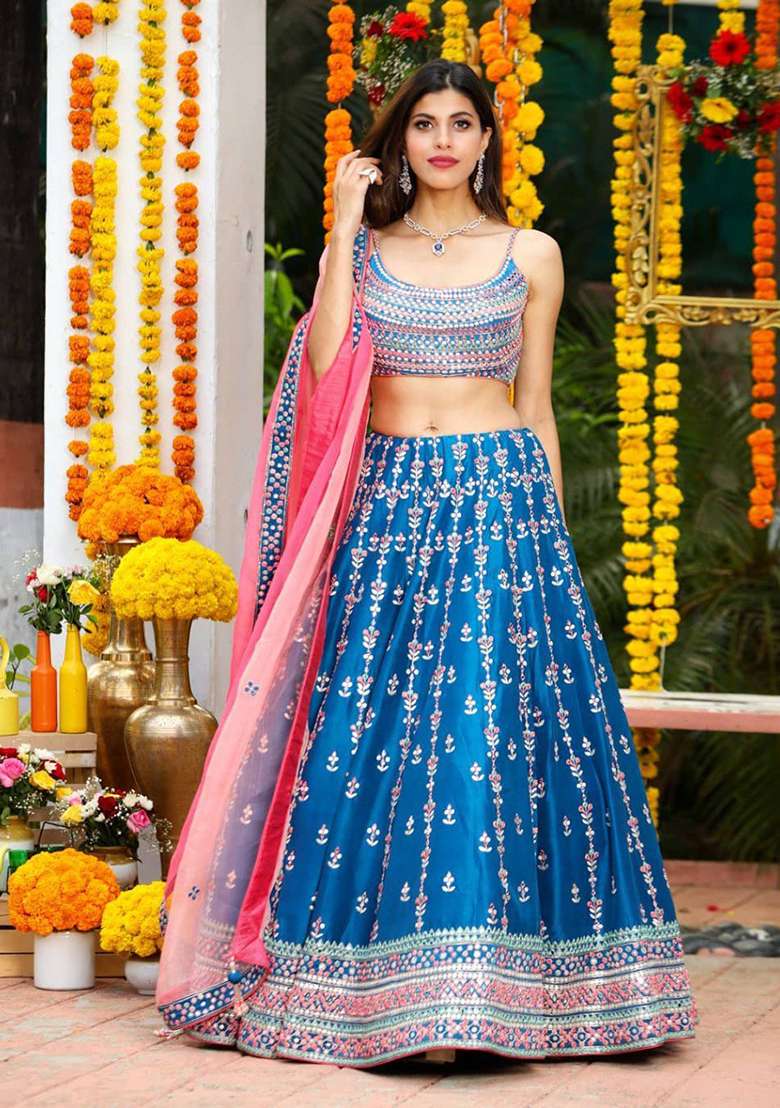 Blue Chinon Lehenga Set with Embroidery for Diwali | Wedding & Festive Wear - Indya